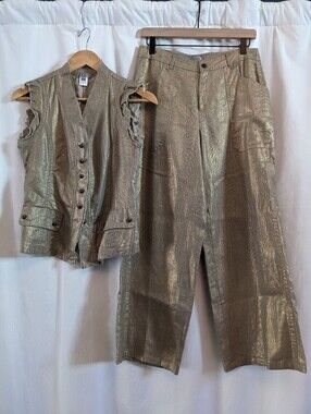 ADEC2 Womens 2pc Metallic Gold Linen Rayon Vest Wide Leg Pants Pockets Sz 4